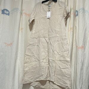 Cream Eyelet-Hem Long Sleeve Women's Dress M